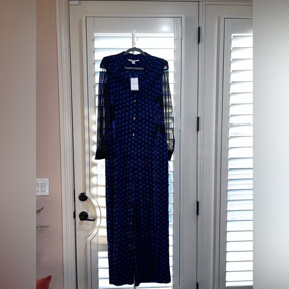 Diane Von Furstenberg Polka Dot Silk Wide Leg Jumpsuit Blue Black Sheer 14 NWT - Picture 9 of 15